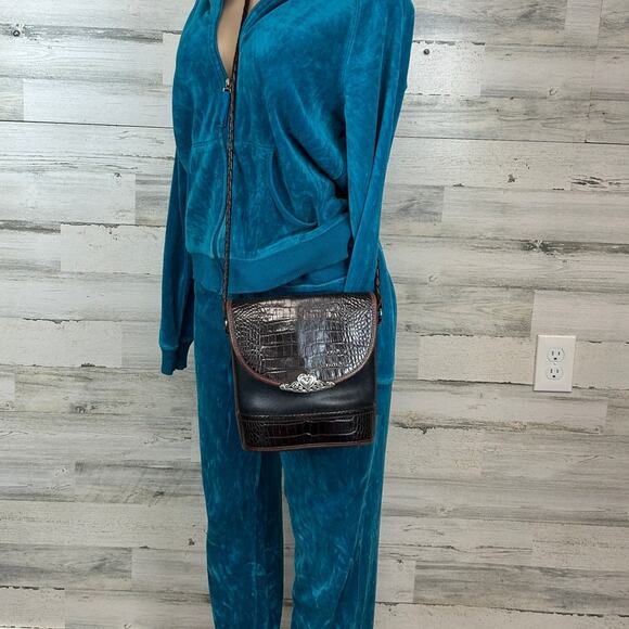 Vintage Brighton Bucket Black And Brown Croc Print Leather Crossbody 1996 - Picture 2 of 14